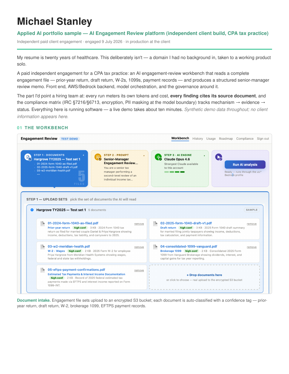 Page one of the engagement review portfolio: the workbench with document intake